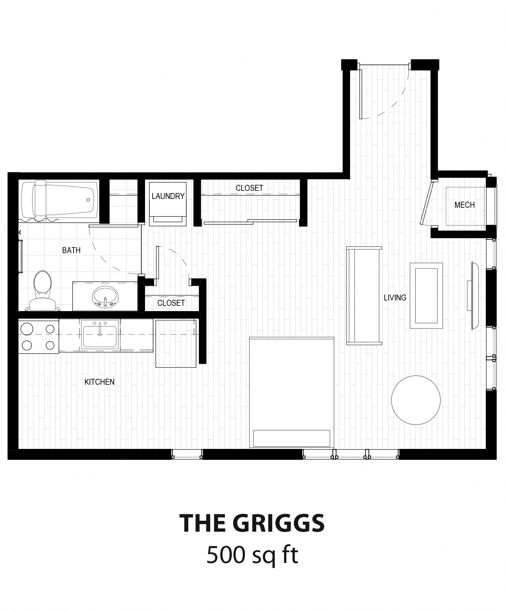 Floor plan for studio, 1 bath, 500 sqft